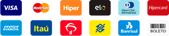 Formas de pagamento aceitas: Visa, Mastercard, Hiper, Elo, Diners Club, Hipercard, Amex, Itaú, Pix, Banrisul e Boleto